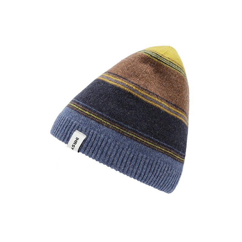 Beanie Beanie Xinjie Horizontal Stripe Beanie Without Cuff - Blue【ISW】Wearable by men and women - Hats & Caps - Wool Blue