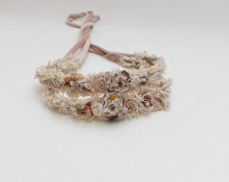 Boho Beige Lace Headband - Halo Headband, boho flower headband,Newborn Photo - Baby Hats & Headbands - Other Materials 