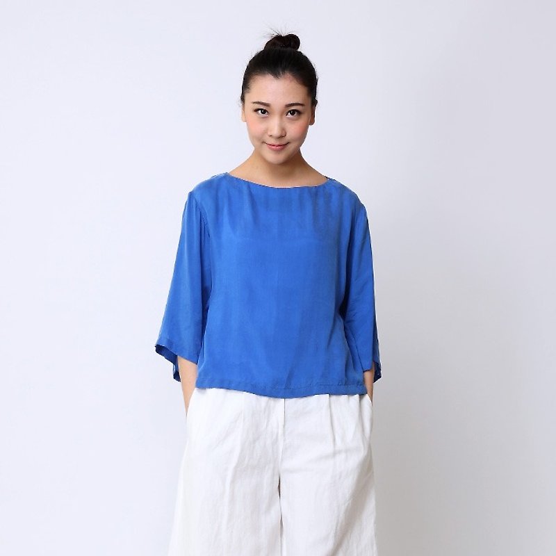 BUFU cuprammoniu seven sleeve shirt   SH151218 - เสื้อเชิ้ตผู้หญิง - ผ้าไหม สีน้ำเงิน