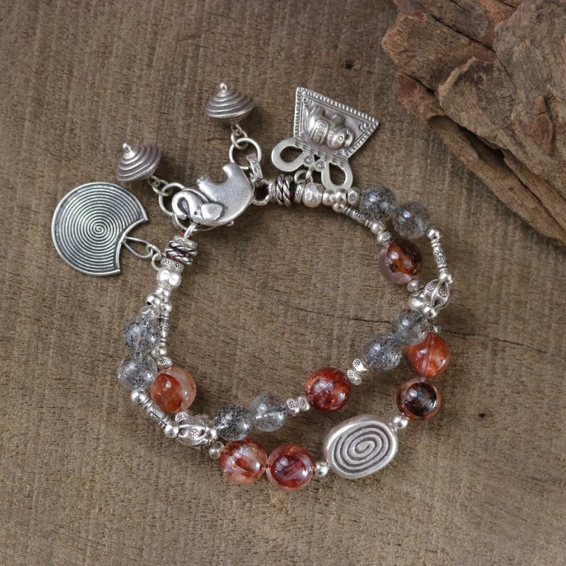 Hematoid Quartz Goethite Tribal Elephant Bracelet with Karen Hill Tribe Silver - Bracelets - Sterling Silver Red