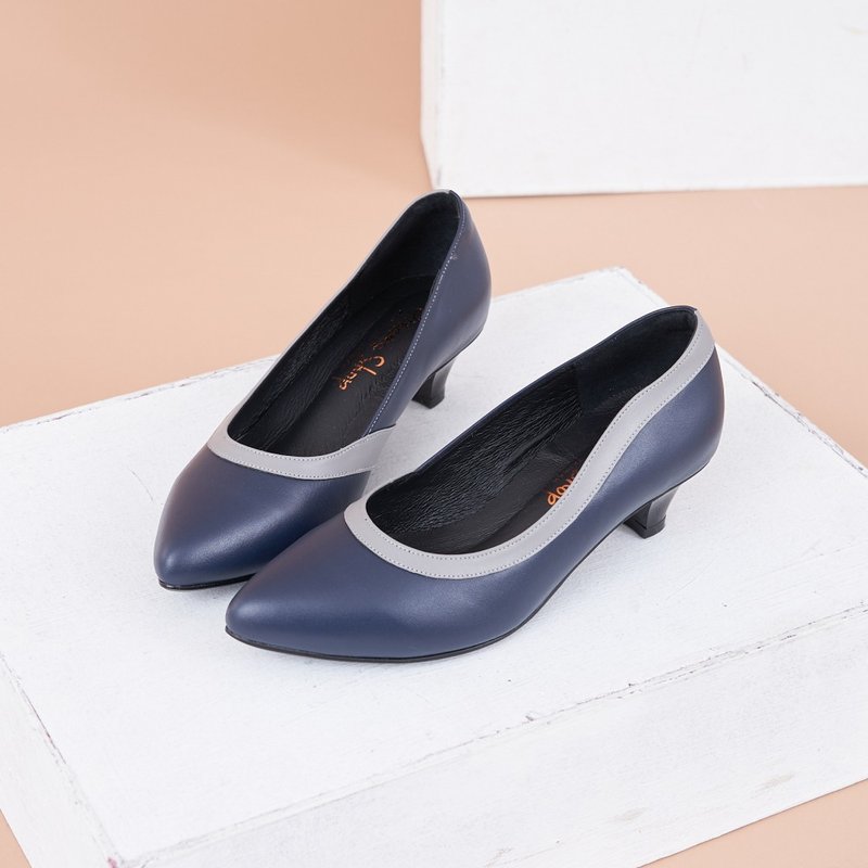 Wide last_piping color matching pointed toe low heels dark blue - High Heels - Genuine Leather Blue