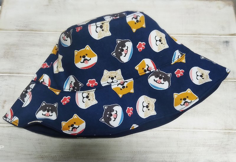 深藍可愛柴犬 深藍素色雙面漁夫帽 遮陽帽 - 帽子 - 棉．麻 藍色