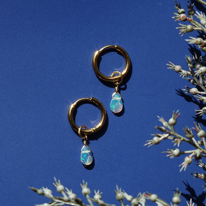 衣索比亞產蛋白石梨形單鑽耳環 - 醫療級不鏽鋼 - 極光 - 耳環/耳夾 - 寶石 白色