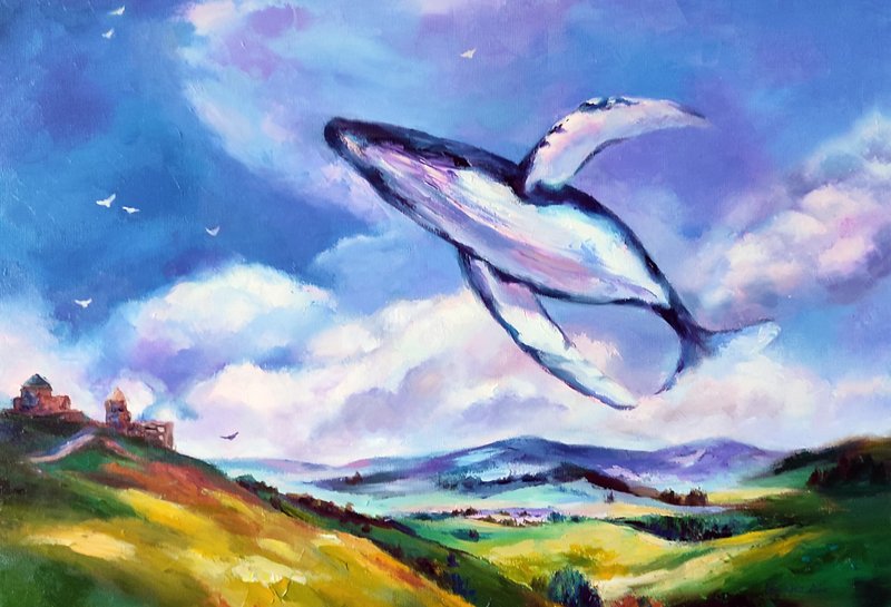 Humpback Whale Painting Flying Whale Original Art Fantasy Artwork Whale Oil Art - ตกแต่งผนัง - วัสดุอื่นๆ สีน้ำเงิน