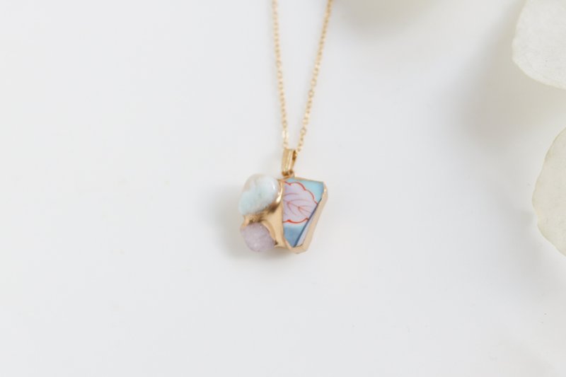 Arita ware Kintsugi Blue Necklace Surgical Stainless Steel chain Hypoallergenic 18K Larimar Natural stone Traditional craft Pottery fragment a21 - สร้อยคอ - ดินเผา สีน้ำเงิน