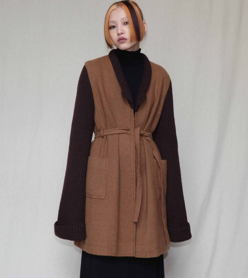 Pumpkin Vintage. Dries van Noten brown knitted wool tie coat coat - เสื้อแจ็คเก็ต - ขนแกะ สีนำ้ตาล