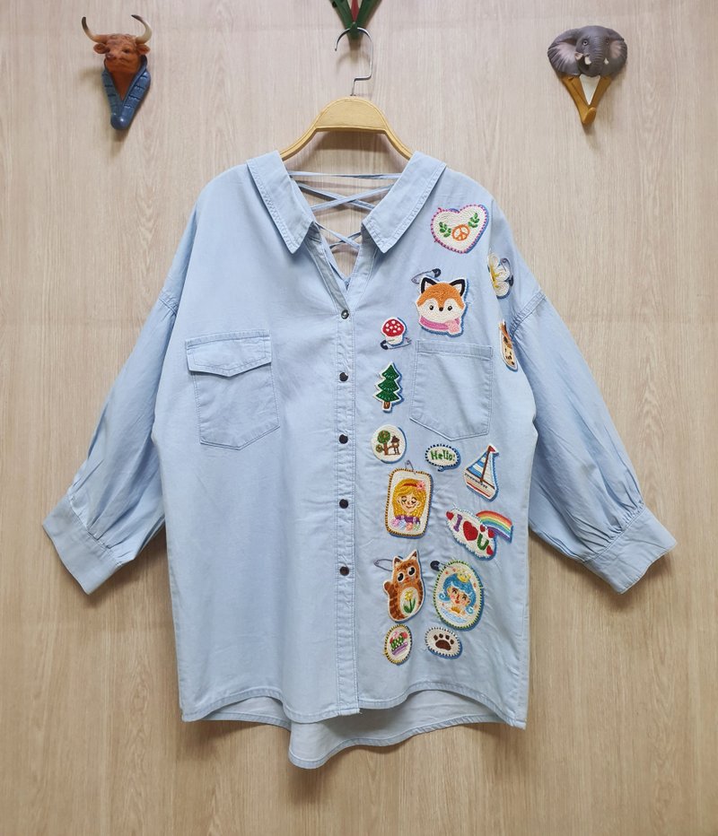 Hand Embroidery Shirt, Cotton Fabric, Fox, Daisy, Mushroom - Women's Shirts - Thread Blue