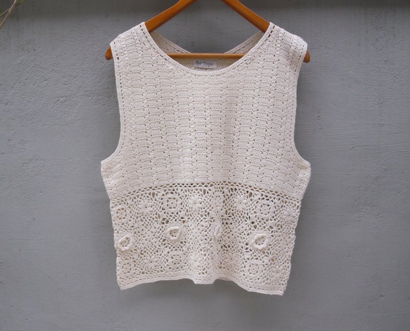 FOAK vintage beige waist openwork crochet vest - เสื้อกั๊กผู้หญิง - ผ้าฝ้าย/ผ้าลินิน ขาว