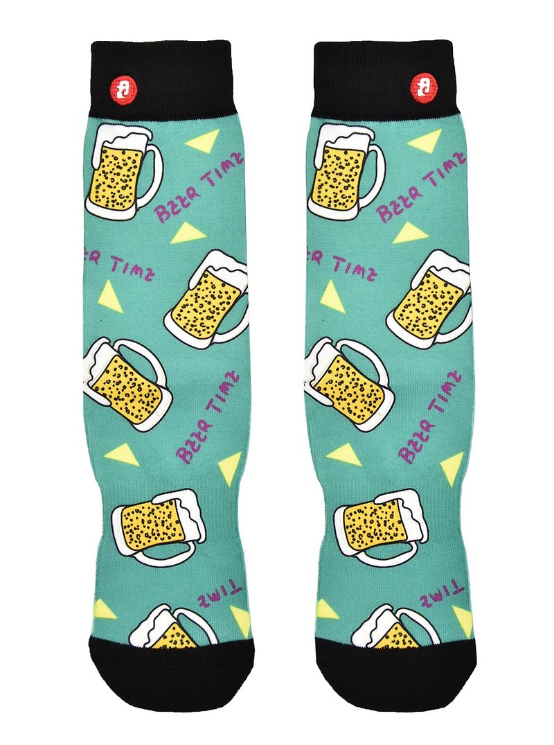 Fool's Day Printed Crew Socks - Beer Time - ถุงเท้า - ผ้าฝ้าย/ผ้าลินิน สีเขียว