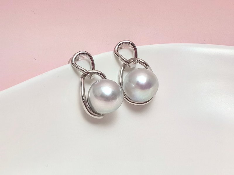 Double ring natural seawater pearl akoya real Linen Silver earrings - Earrings & Clip-ons - Pearl Transparent