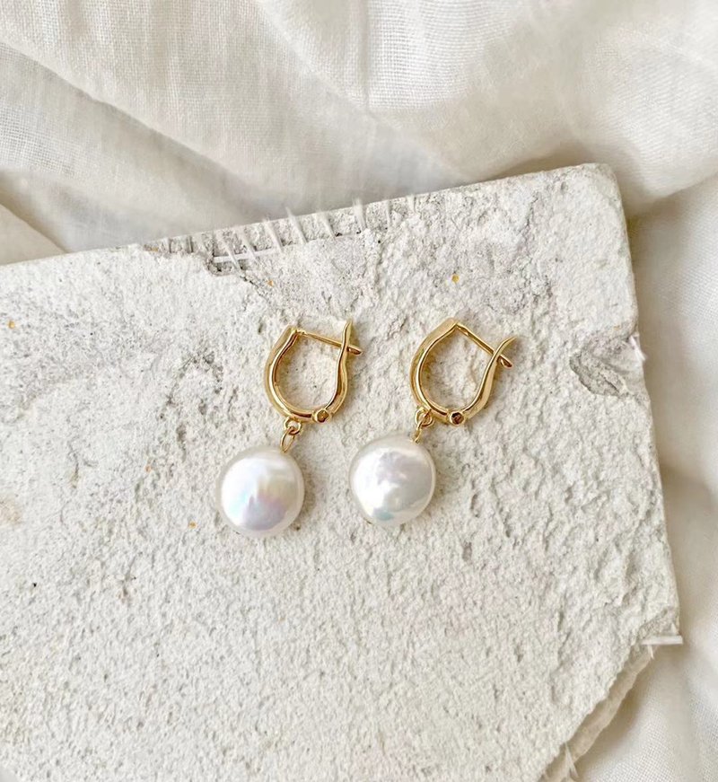 Button Pearl Earrings Bronze Plated 14K Gold Natural Freshwater Button Pearls - Earrings & Clip-ons - Pearl 