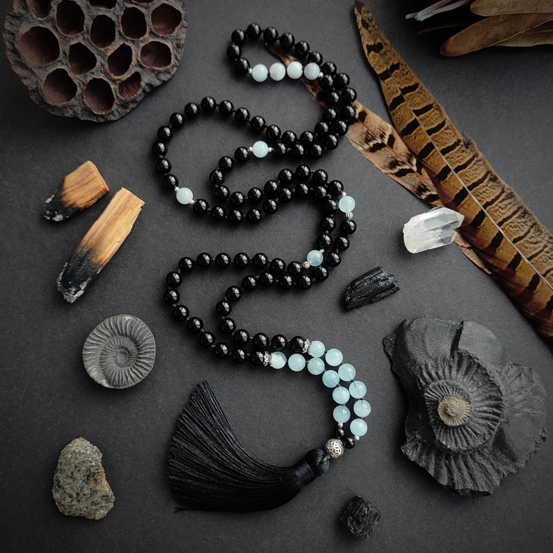 Mala BLACK WATER Aquamarine and Black Tourmaline High Quality 108 beads - 長項鍊 - 半寶石 黑色