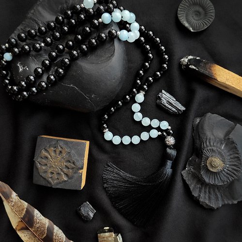 Saligram Store Mala BLACK WATER Aquamarine and Black Tourmaline High Quality 108 beads