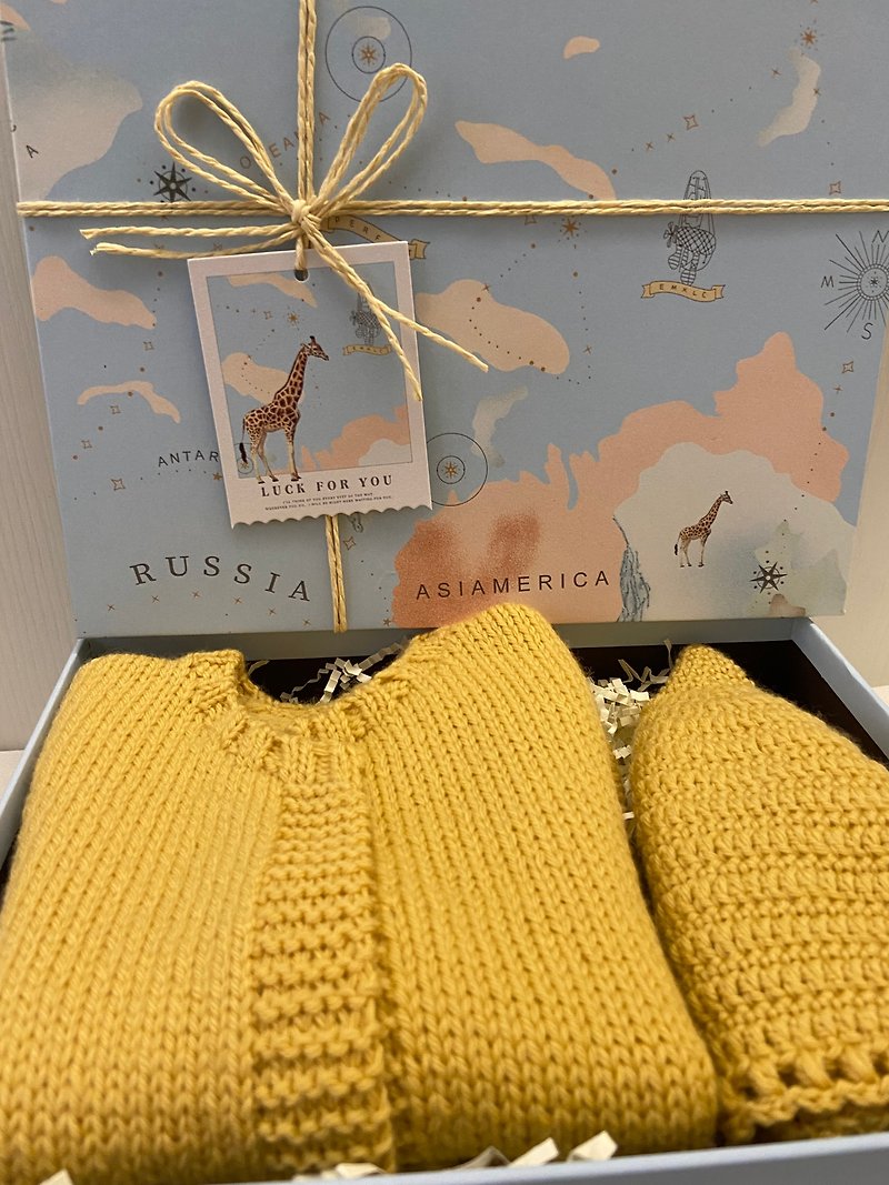 手工編織 彌月禮盒組合(含禮盒) - 滿月禮物 - 羊毛 黃色