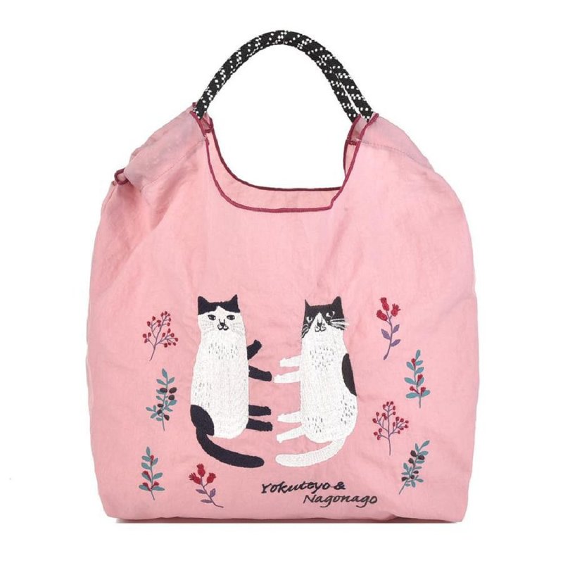 Kusuguru Japan Handbag Eco Bag Japanese Embroidered Nylon Shopping Bag Nagonago-Pink - กระเป๋าถือ - ไนลอน สึชมพู