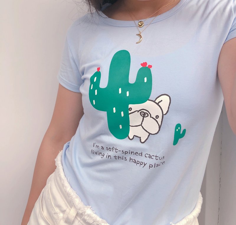 [Hide and Seek Cat Cactus] -French T-Shirt (Women's Edition)-Water Blue (Clear Products) - Women's T-Shirts - Other Materials 