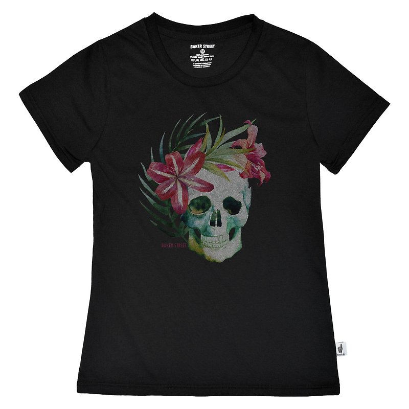 British Fashion Brand -Baker Street- Skull Printed T-shirt - เสื้อยืดผู้หญิง - ผ้าฝ้าย/ผ้าลินิน ขาว