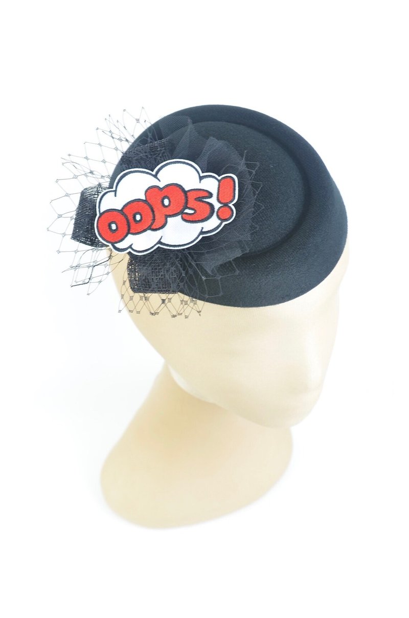 Headpiece Hat Comics Oops! with Black Veil Mini Fascinator Geek Nerd Chic Fun - 髮夾/髮圈 - 其他材質 黑色
