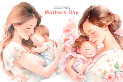 Natali Mias Store Watercolor mother and baby clipart set, 10 Png, Mother's Day Clipart, woman png