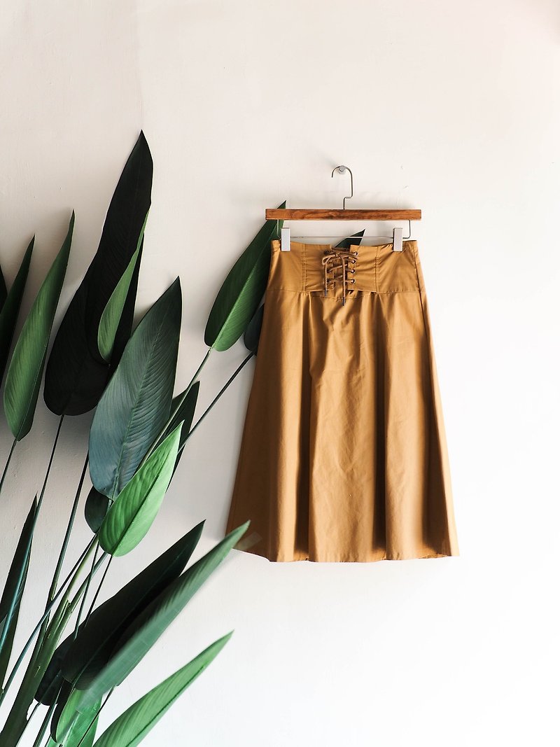 Miyazaki Khaki Waist Strap Shine Love Log Antique Cotton Large Round Skirt A-line Skirt Dress - Skirts - Cotton & Hemp Khaki