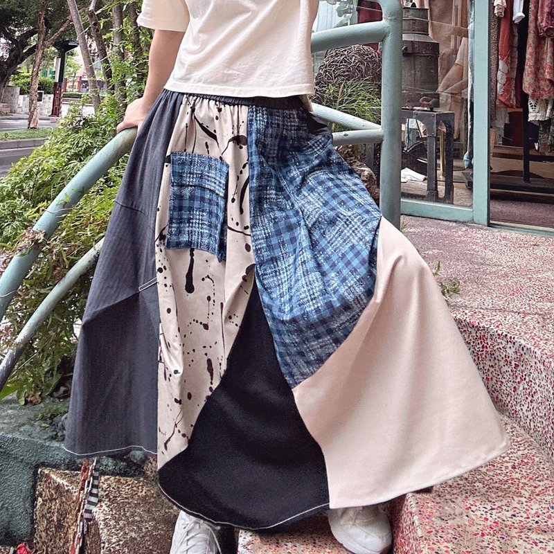 Gray and blue plaid - patchwork pleated long skirt #T6077 - กระโปรง - ผ้าฝ้าย/ผ้าลินิน สีน้ำเงิน