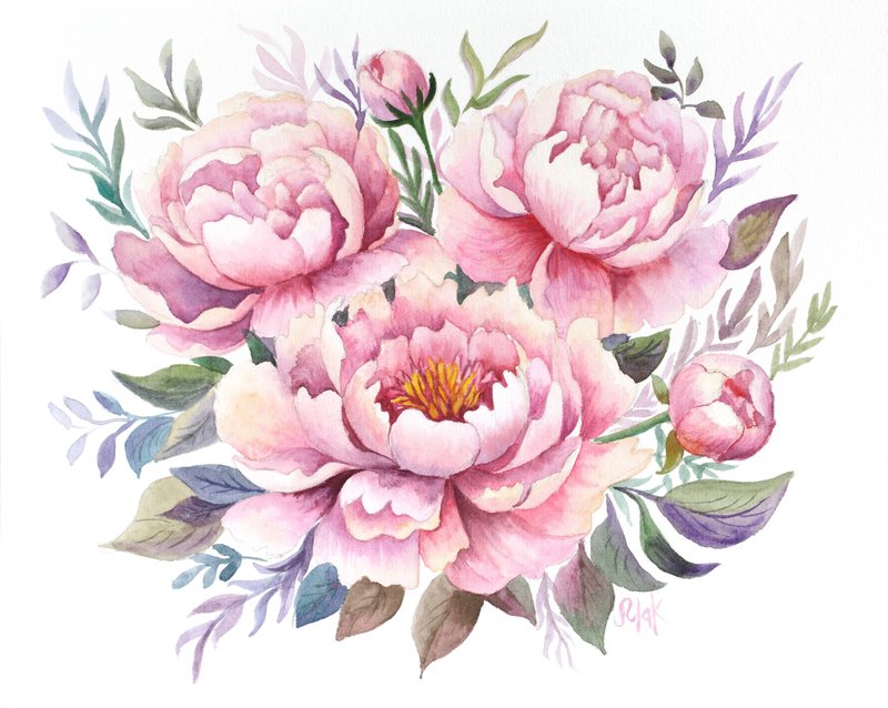 Peony Bouquet Painting Flower Original Wall Art Pink Floral Artwork - Wall Décor - Paper Pink