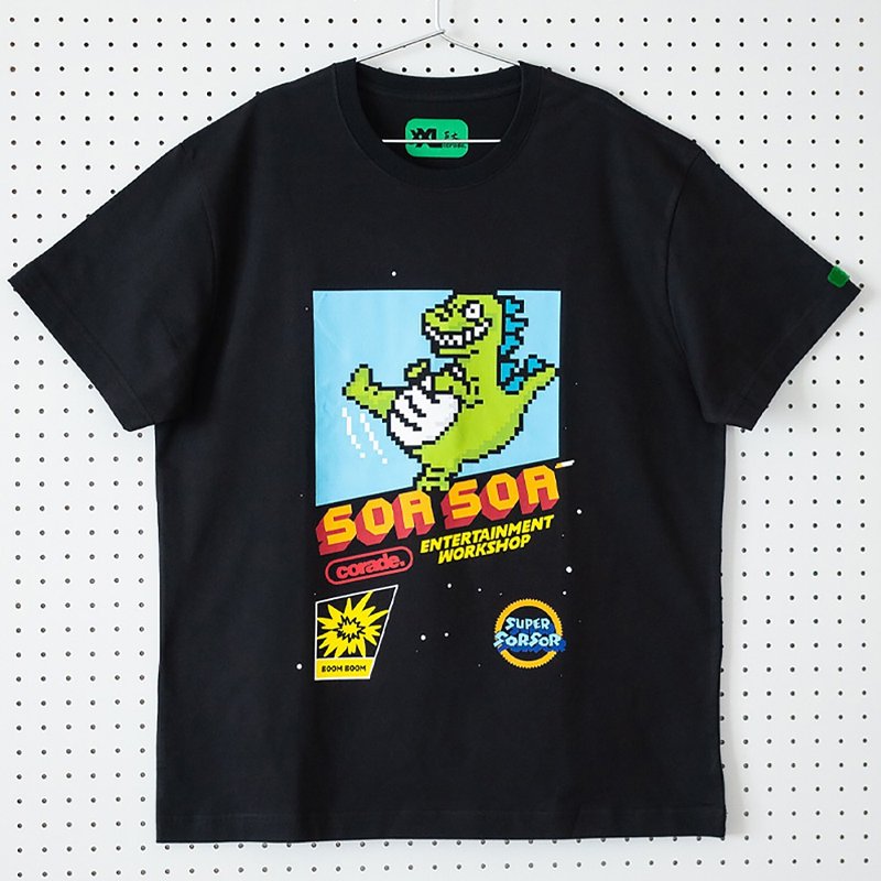 New kick dinosaur black short-sleeved T-shirt classic nostalgic arcade game neutral couple classic round neck - Women's T-Shirts - Cotton & Hemp Black