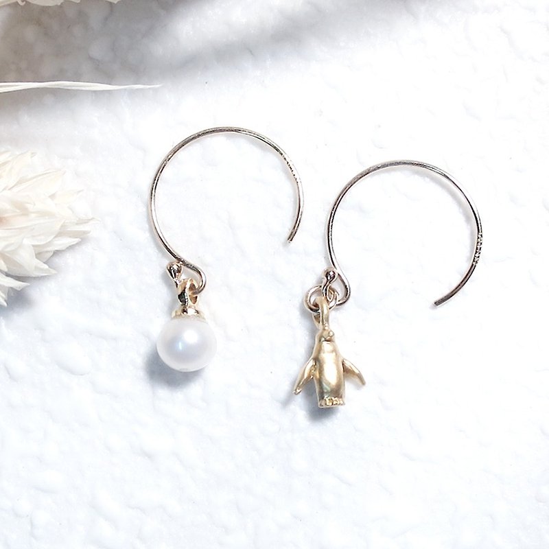 ♦ ViiArt ♦ ♦ 14KGF cute penguin amusement park Japanese pearl earrings best gift Great Ocean Limited 5 - ต่างหู - โลหะ สีทอง
