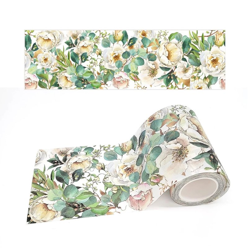 Extra Wide White Camellia flowers Washi Tape for scrapbooks DIY Decorating - มาสกิ้งเทป - กระดาษ สีเขียว