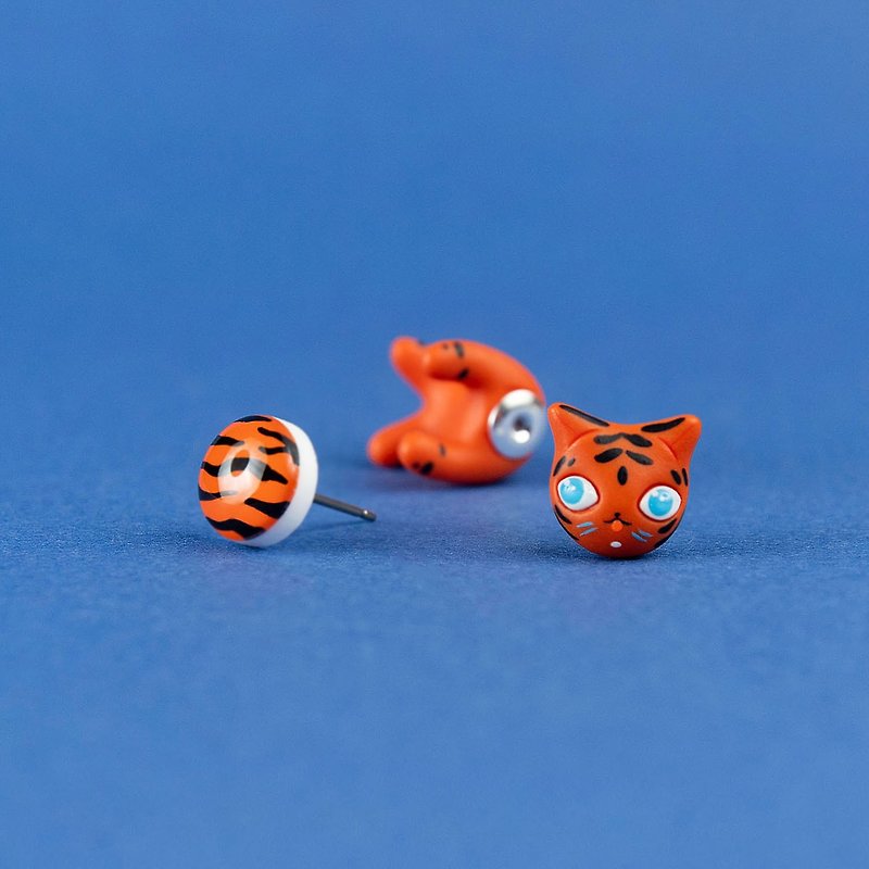 Blue Eyed Tiger | Orange Cat Earrings - Handmade Jewelry, Tiger Cats Collection - Earrings & Clip-ons - Clay Orange