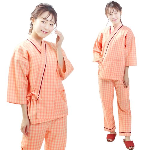 fuukakimono 日本 和服 格子 作務衣 日式 休閒 室內服 睡衣 男女通用 粉橘色