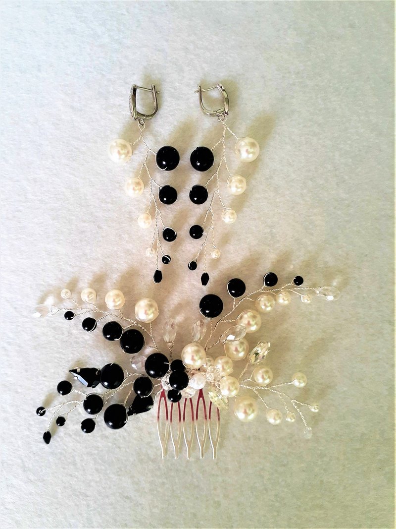 Black and white wedding jewelry set, Gothic wedding set, Hair comb and earrings - เครื่องประดับผม - วัสดุอื่นๆ 