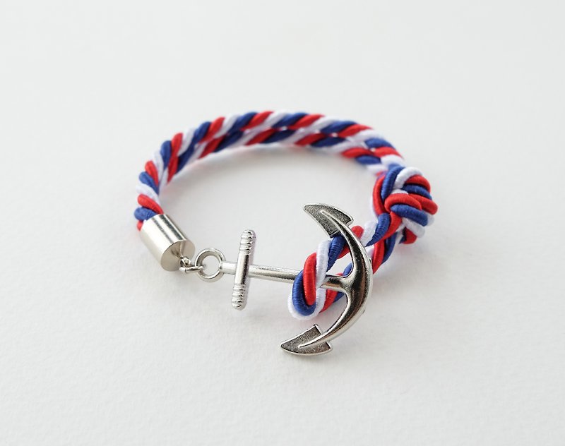 Anchor bracelet / Red white blue twisted rope - 手鍊/手環 - 其他材質 藍色