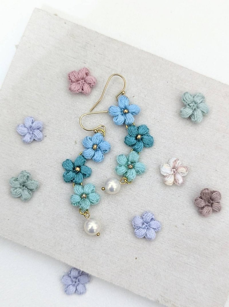 Crochet beaded embroidery earrings convertible to clip-on style - Earrings & Clip-ons - Other Materials Blue