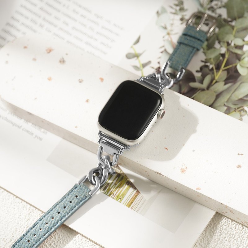 Apple watch - Denim and denim paneled single-link Apple watch strap - Watchbands - Genuine Leather 