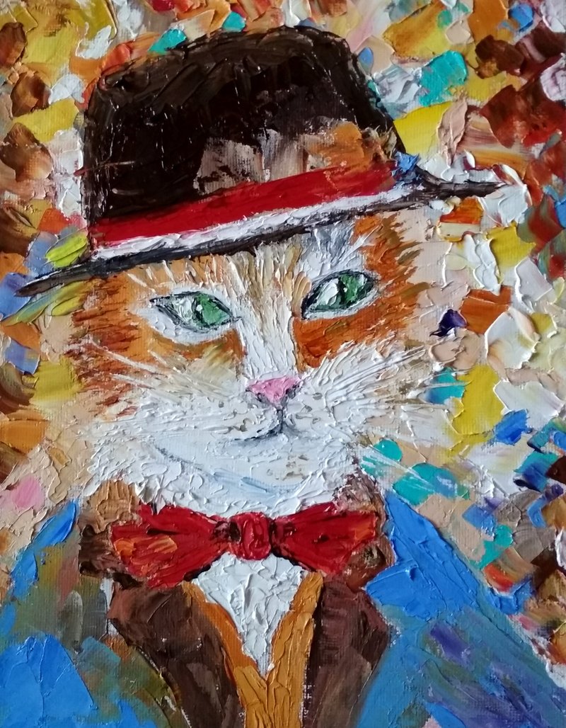 Original author's impasto oil painting The cat in the hat. Unframed - Wall Décor - Other Materials 