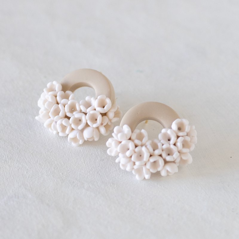 Doughnut Shaped Small Flowers Earrings / Beige and white - Earrings & Clip-ons - Clay White