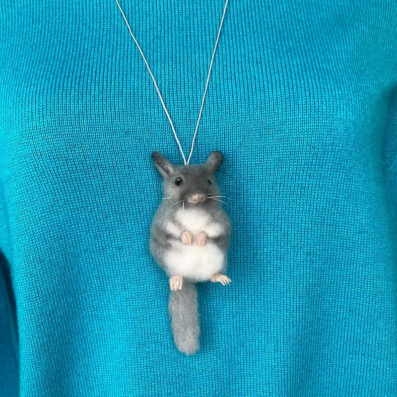 Chinchilla necklace pendant for women Needle felted cute wool animal realistic - Necklaces - Wool Gray