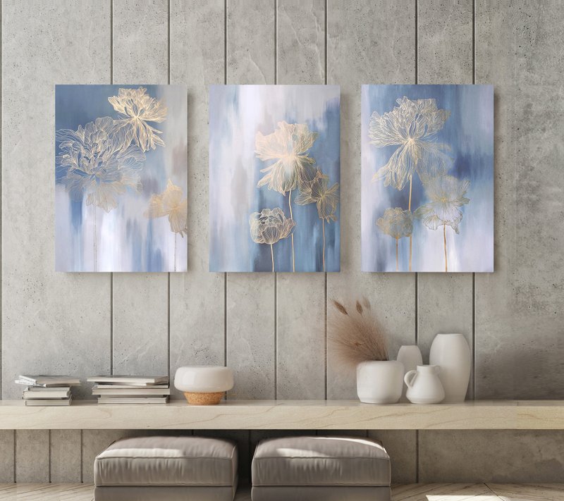 Gold Flowers Line Paint | Abstract Floral Blue Gold Set of 3 | Thinn Sets of 3 - 壁貼/牆壁裝飾 - 棉．麻 藍色