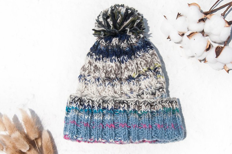 手工編織純羊毛帽/編織帽/針織毛帽/內刷毛手織毛帽-北歐藍莓蛋糕 - 帽子 - 羊毛 多色