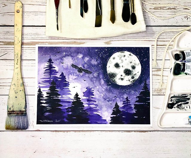 夜空の絵画風景オリジナルアート満月水彩7×10インチ - ショップ 
