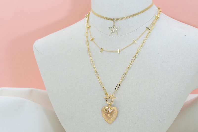 limited edition gold heart pendant layered necklace - สร้อยคอ - โลหะ สีทอง