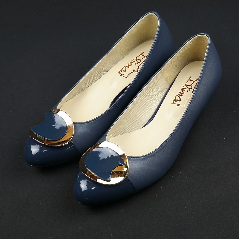 Meniscus buckle low-heel working shoes-lake blue - รองเท้าหนังผู้หญิง - หนังแท้ สีน้ำเงิน