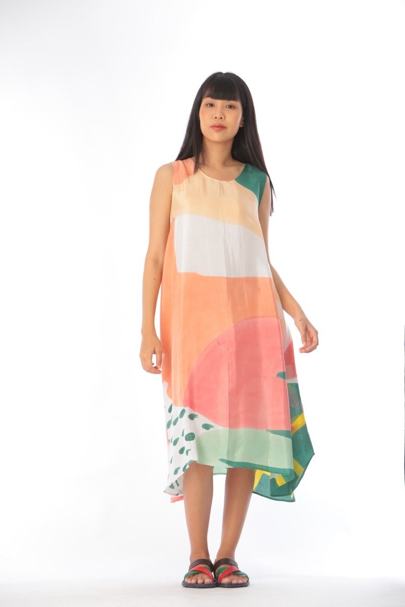 Dress Hand Paint Soft Cotton Silk for Yoga Vacation Holidays - 洋裝/連身裙 - 棉．麻 粉紅色