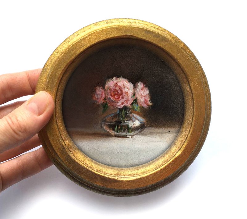 Framed Flower Painting Victorian Round Gold Gift Small Original Oil antique - 壁貼/牆壁裝飾 - 其他材質 粉紅色