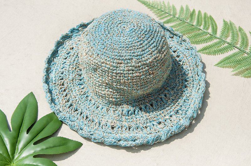 Crocheted cotton hat hand-woven Linen hat hat hat straw hat straw hat - fresh blue lace - Hats & Caps - Cotton & Hemp Blue