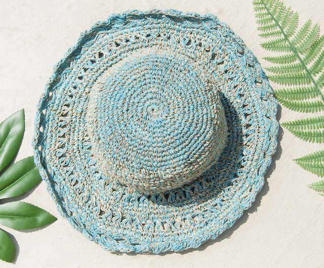 かぎ針編みの綿帽子 手編みのリネンの帽子 帽子 麦わら帽子 麦わら帽子 - 新鮮なブルーレース - ショップ omhandmade 帽子 -  Pinkoi