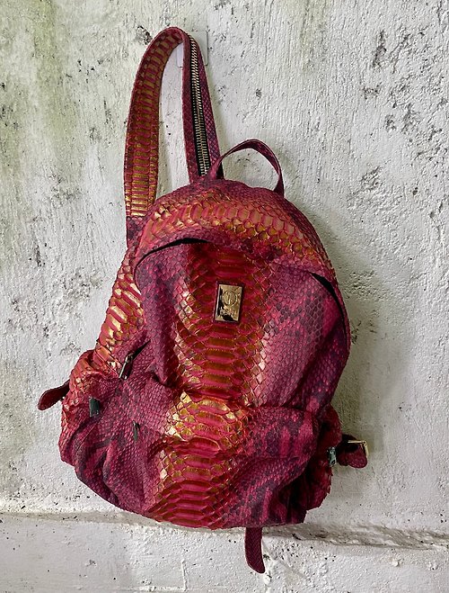 belp-atelier Red Golden Python Leather Backpack Snakeskin Rucksack Laptop Bag Hand Luggage