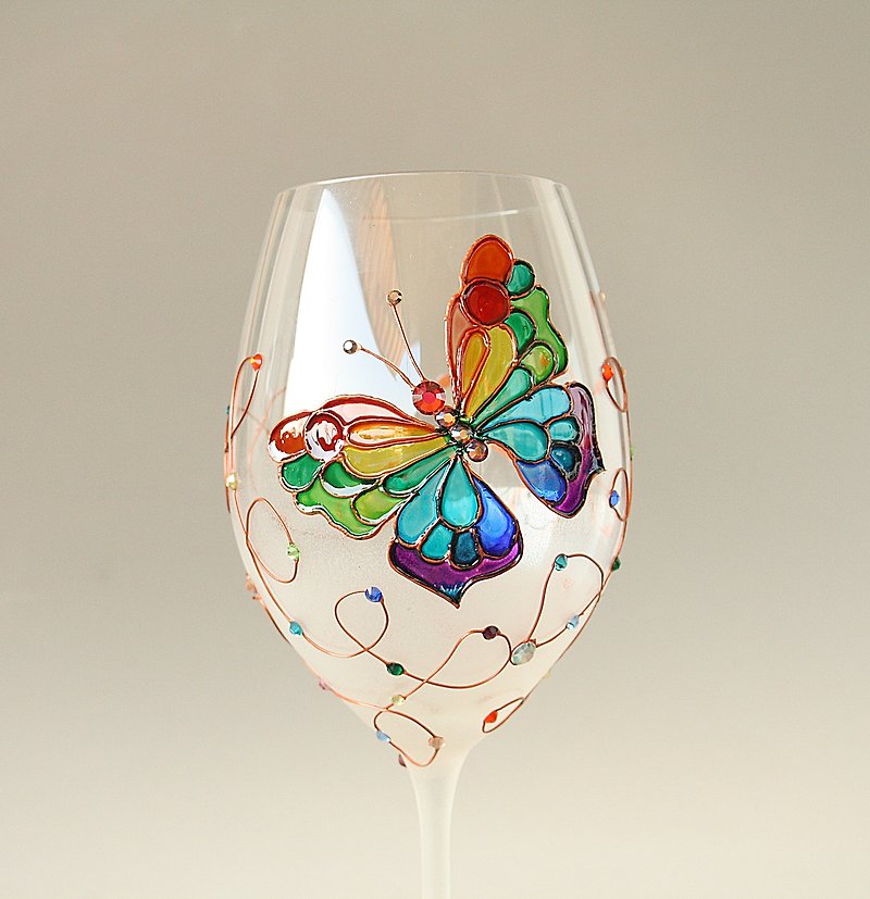 Butterfly Wine Glass Hand Painted - Bar Glasses & Drinkware - Glass Multicolor