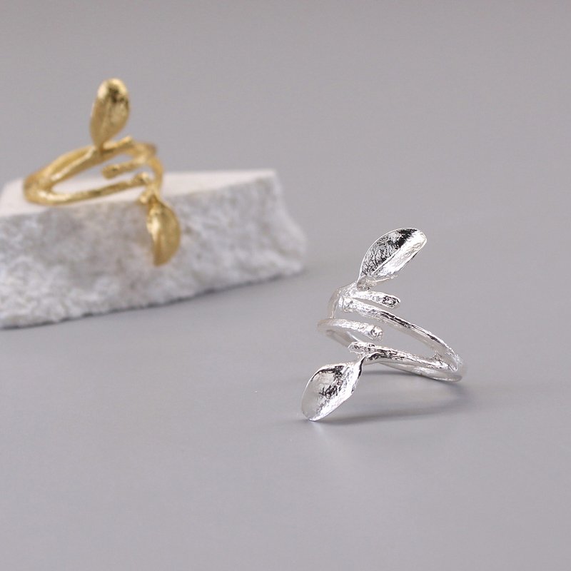 Tea bud leaf sterling silver ring 18K gold plated ring open ring two colors - แหวนทั่วไป - เงินแท้ สีเงิน